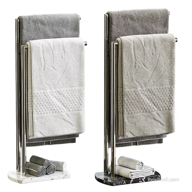 Soft Textured Cotton Towels In White And Gray Hanging On Chrome Rack With Folded Design 3d model 