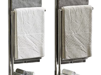 Soft Textured Cotton Towels In White And Gray Hanging On Chrome Rack With Folded Design 3d model