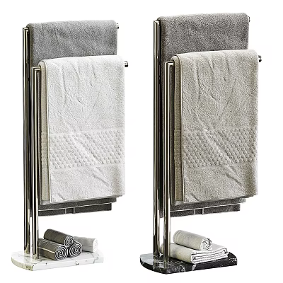 Soft Textured Cotton Towels In White And Gray Hanging On Chrome Rack With Folded Design 3d model