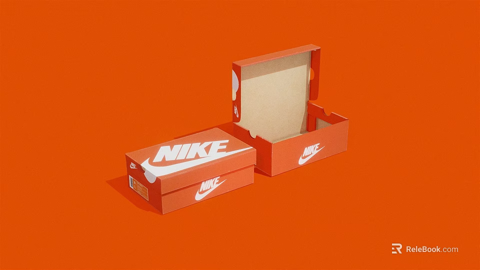 Orange Nike Shoe Boxes Open And Closed With White Logo On Orange Background 3d model 