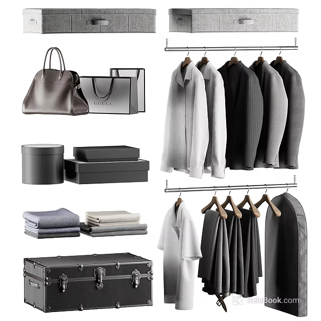 Stylish Hanging Clothing Collection With Neutral Tops Skirts Bags Boxes And Luggage 3d model 