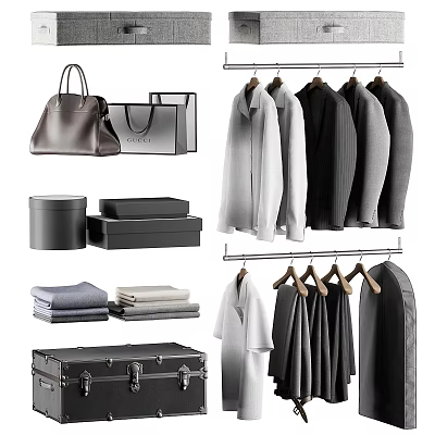 Stylish Hanging Clothing Collection With Neutral Tops Skirts Bags Boxes And Luggage 3d model