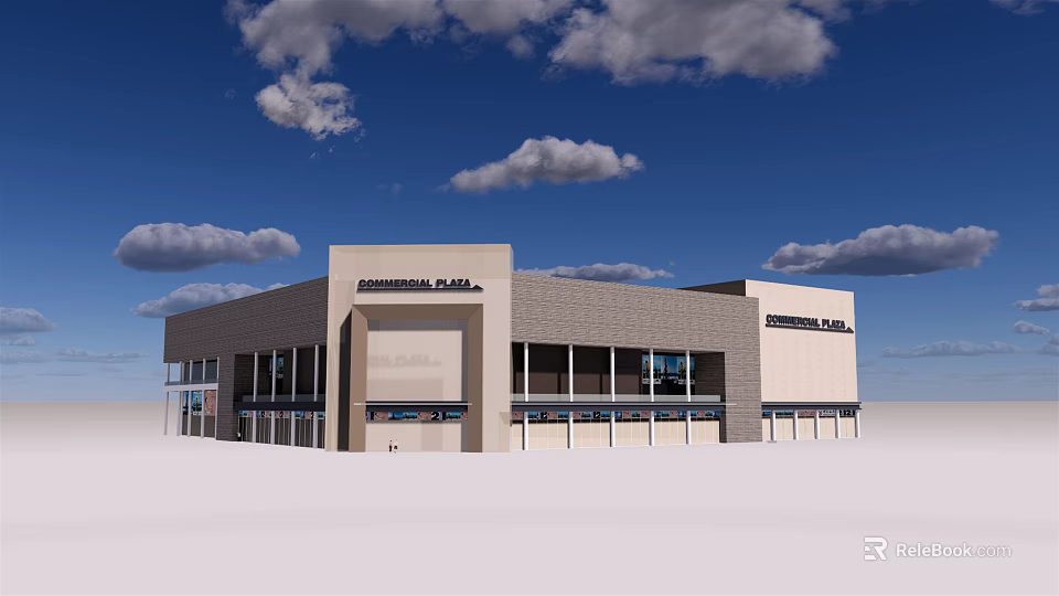 Modern Commercial Plaza Exterior Design with Glass Facade Storefronts and Signage 3d model 