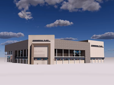 Modern Commercial Plaza Exterior Design with Glass Facade Storefronts and Signage 3d model