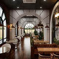 Cozy Café Interior With Arched Windows Red Brick Walls Pendant Lights And Green Plants