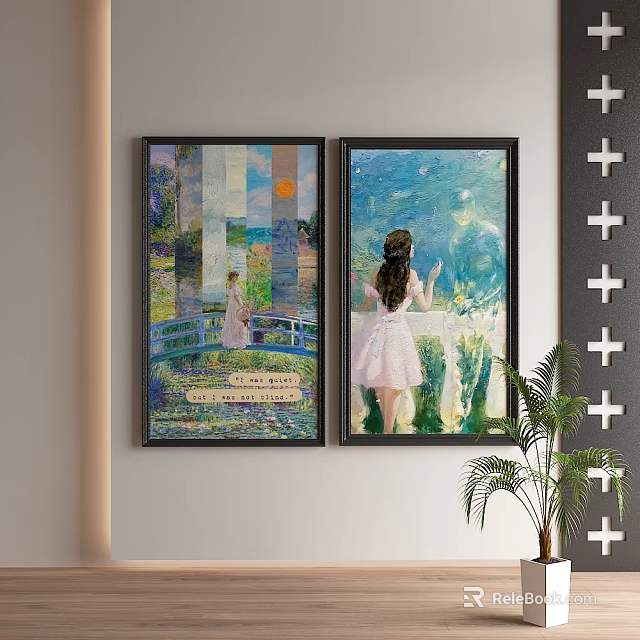 Framed Abstract Paintings On Wall With Girl In Pink Dress And Landscape View 3d model 