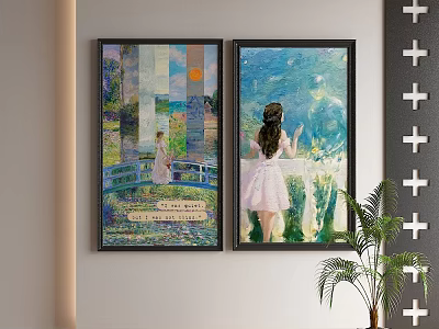 Framed Abstract Paintings On Wall With Girl In Pink Dress And Landscape View 3d model