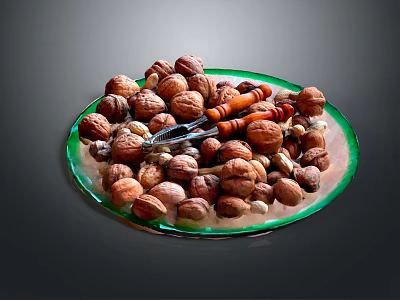 Assorted Mixed Nuts Placed On A Glass Plate With Orange Nutcracker 3d model