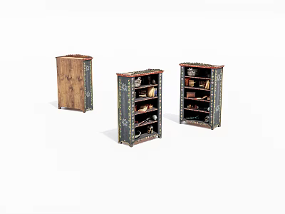 Three Vintage Decorative Cabinets with Intricate Carvings and Shelves for Display Items 3d model