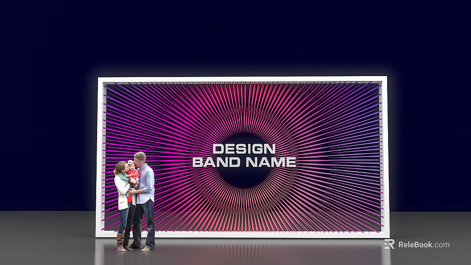 Family Standing In Front Of Large Screen With Design Band Name And Radiant Background 3d model 