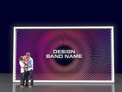 Family Standing In Front Of Large Screen With Design Band Name And Radiant Background 3d model