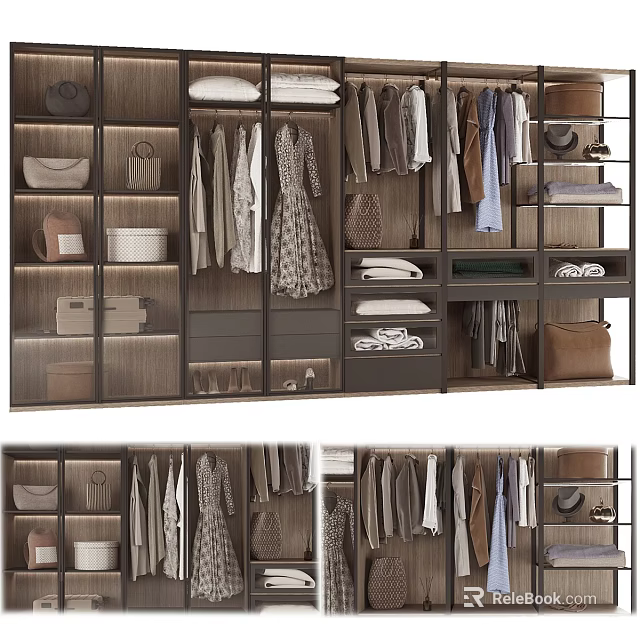 Modern Wardrobe Interior Design With Hanging Folded Clothes Bags Shoes And Shelves 3d model 