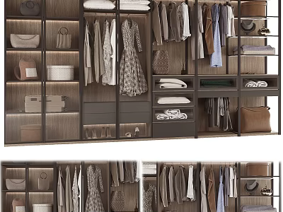Modern Wardrobe Interior Design With Hanging Folded Clothes Bags Shoes And Shelves 3d model