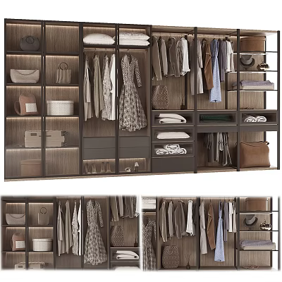 Modern Wardrobe Interior Design With Hanging Folded Clothes Bags Shoes And Shelves 3d model