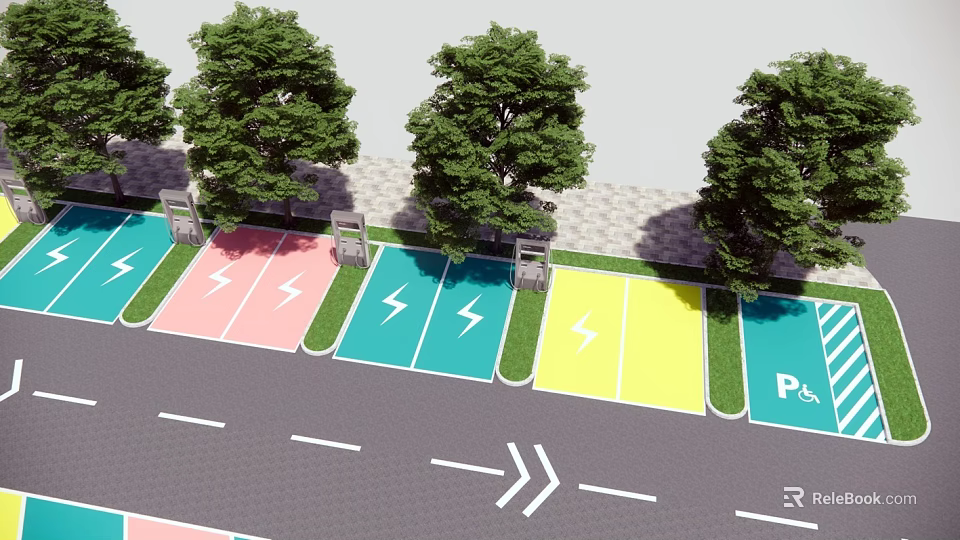 Road Facilities With Colorful EV Charging Parking Spaces Traffic Arrows And Trees 3d model 