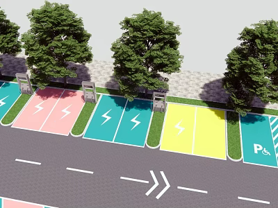 Road Facilities With Colorful EV Charging Parking Spaces Traffic Arrows And Trees 3d model