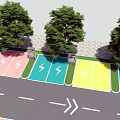 Road Facilities With Colorful EV Charging Parking Spaces Traffic Arrows And Trees