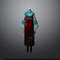 Traditional Japanese Kimono With Teal Sleeves Red Obi And Floral Patterns