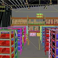 Warehouse Interior With Red And Blue Metal Storage Shelves Arranged In Rows