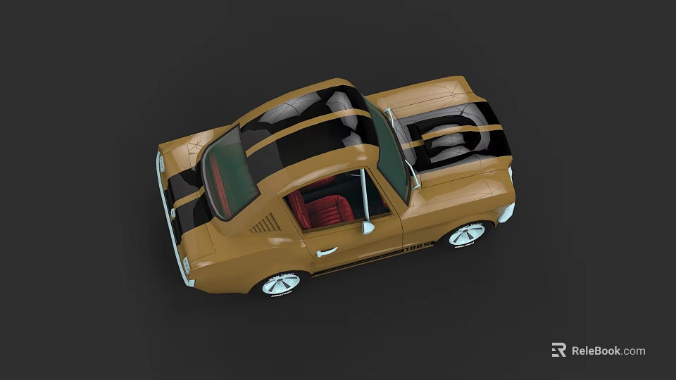 Golden Brown Classic Sports Car With Black Stripes And Red Interior Top View 3d model 