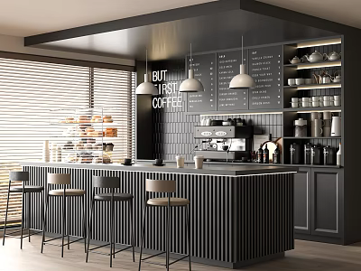 Modern Coffee Shop Interior With Black Bar Counter Stools Coffee Machine Shelves And Pendant Lights 3d model