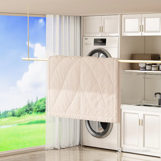 Bright Home Balcony With Washing Machine White Cabinets And Beige Blanket On Drying Rack 3d model 