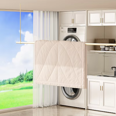 Bright Home Balcony With Washing Machine White Cabinets And Beige Blanket On Drying Rack 3d model