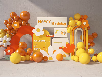 Colorful Birthday Party Scene With Welcome Sign Orange Yellow Balloons And Flower Decorations 3d model