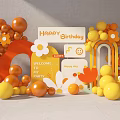 Colorful Birthday Party Scene With Welcome Sign Orange Yellow Balloons And Flower Decorations