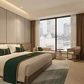 Elegant Modern Hotel Guest Room With King Bed And Panoramic City Landscape Through Large Windows