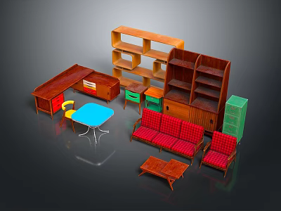 Vintage Colorful Furniture Collection With Wooden Desk Bookshelf Red Checkered Sofa And Chairs 3d model