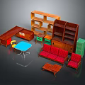Vintage Colorful Furniture Collection With Wooden Desk Bookshelf Red Checkered Sofa And Chairs