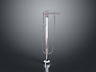 Silver Metal Freestanding Shower Head With Chain Decoration And Stable Base Against Dark Background 3d model