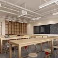 Bright School Workshop Classroom with Wooden Tables Stools Bookshelves and Workstations