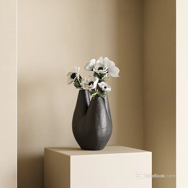 Black Textured Bifurcated Vase With White Anemone Flowers On Beige Pedestal 3d model 