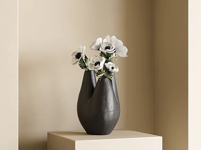 Black Textured Bifurcated Vase With White Anemone Flowers On Beige Pedestal 3d model