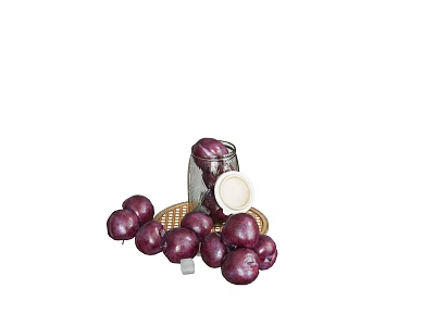 Juicy Purple Plums with Open Glass Jar and Wicker Mat 3d model