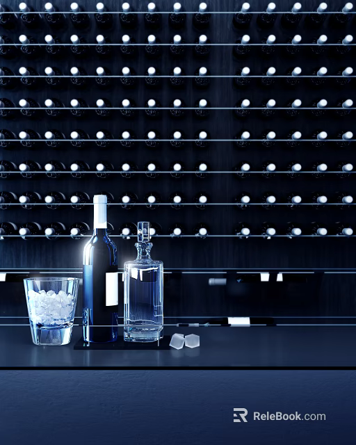Wine Bottle And Glass With Ice Cubes On Dark Wine Rack Background 3d model 