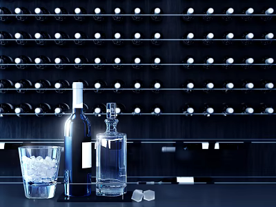 Wine Bottle And Glass With Ice Cubes On Dark Wine Rack Background 3d model