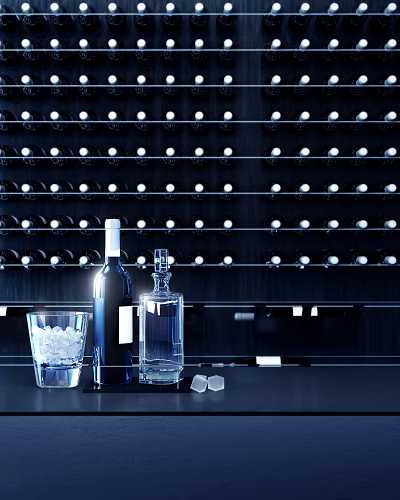 Wine Bottle And Glass With Ice Cubes On Dark Wine Rack Background 3d model Wine Bottle And Glass With Ice Cubes On Dark Wine Rack Background 3d model