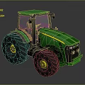 Green Farm Tractor With Enclosed Cab Large Black Tires And Yellow Rimmed Wheels