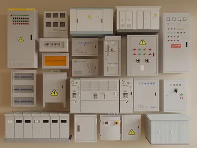 Industrial Electrical Control Panels Enclosures Distribution Boxes With Warning Signs Buttons 3d model