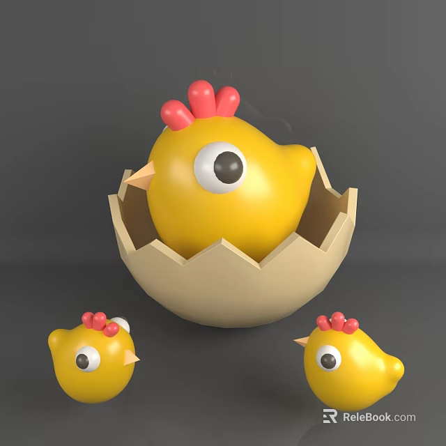 Cute Yellow Chicks Hatching From Egg Shell With Big Eyes And Red Crests 3d model
