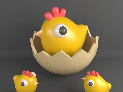 Cute Yellow Chicks Hatching From Egg Shell With Big Eyes And Red Crests 3d model