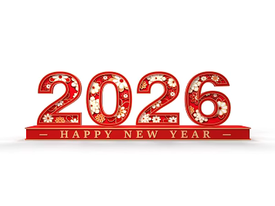 Red 3D Letters 2026 With Floral Patterns For Happy New Year 3d model