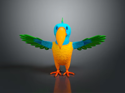 Vibrant Bird With Blue Head Orange Beak Yellow Body Green Wings Standing On Black Surface 3d model