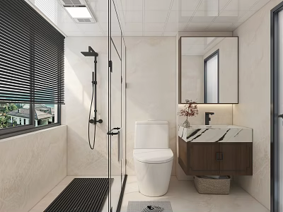 Modern Bathroom Interior With Glass Shower Toilet Marble Vanity Mirror And Wooden Cabinet 3d model