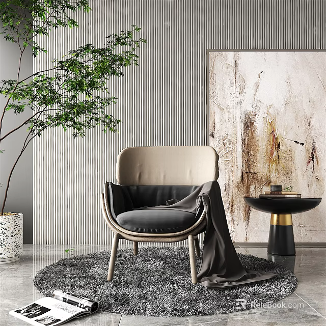 Modern Single Sofa In Stylish Living Room With Green Plant Abstract Painting And Gray Rug 3d model 