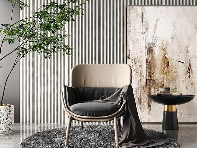 Modern Single Sofa In Stylish Living Room With Green Plant Abstract Painting And Gray Rug 3d model