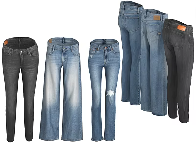 Stylish Jeans Collection With Black Slim Fit Light Blue Flared And Distressed Straight Leg Designs 3d model